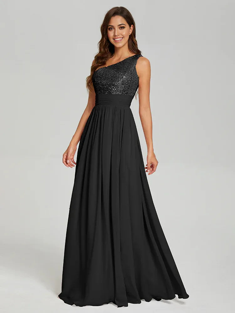 A-Line One Shoulder Sleeveless Zipper Up Floor-Length Prom Dress