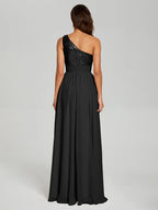 A-Line One Shoulder Sleeveless Zipper Up Floor-Length Prom Dress