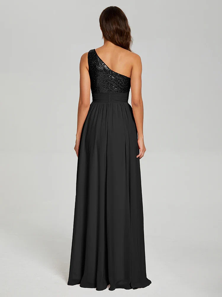A-Line One Shoulder Sleeveless Zipper Up Floor-Length Prom Dress