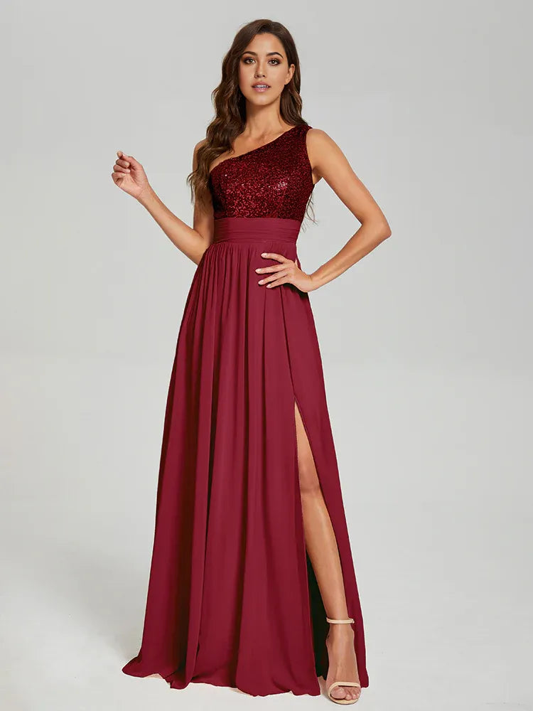 A-Line One Shoulder Sleeveless Zipper Up Floor-Length Prom Dress