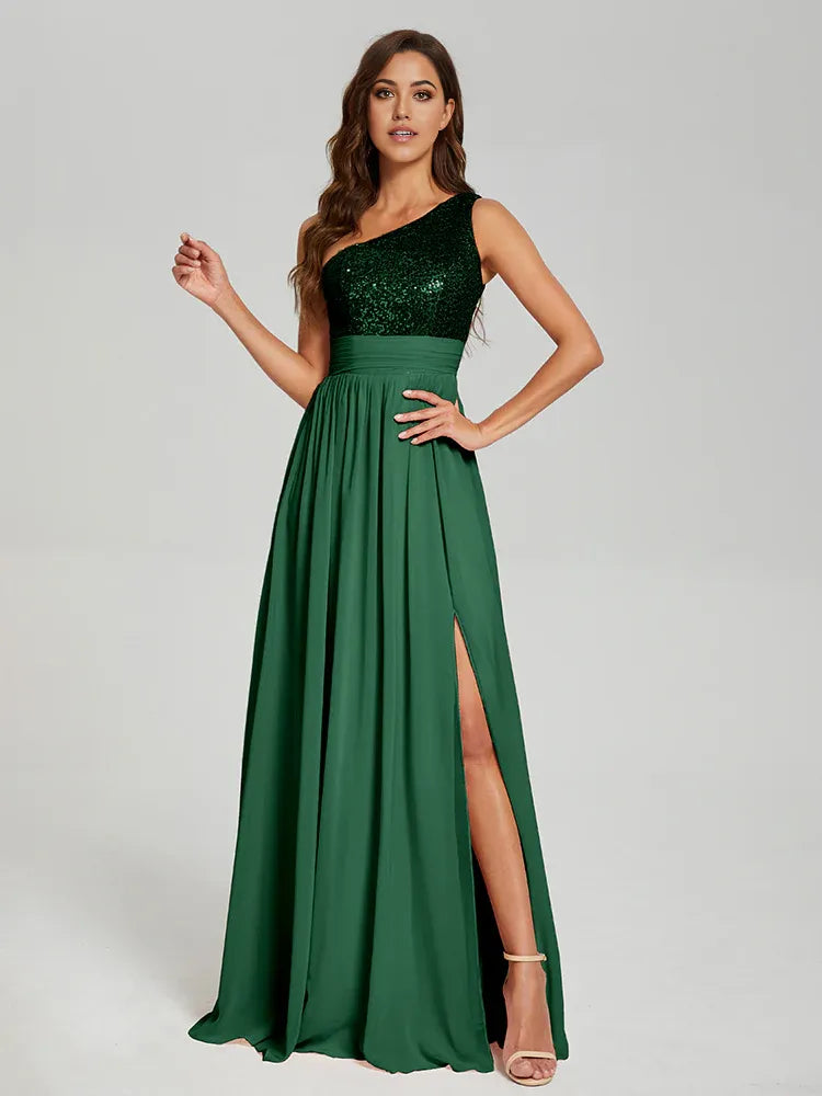 A-Line One Shoulder Sleeveless Zipper Up Floor-Length Prom Dress