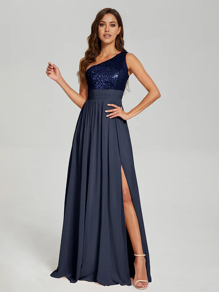 A-Line One Shoulder Sleeveless Zipper Up Floor-Length Prom Dress