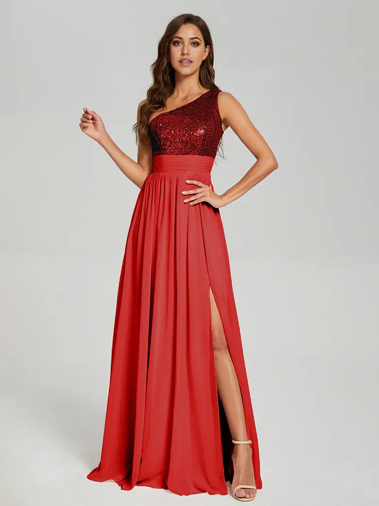 A-Line One Shoulder Sleeveless Zipper Up Floor-Length Prom Dress