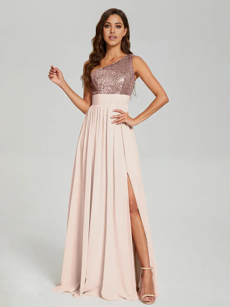 A-Line One Shoulder Sleeveless Zipper Up Floor-Length Prom Dress
