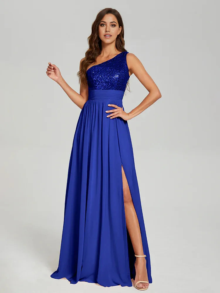 A-Line One Shoulder Sleeveless Zipper Up Floor-Length Prom Dress