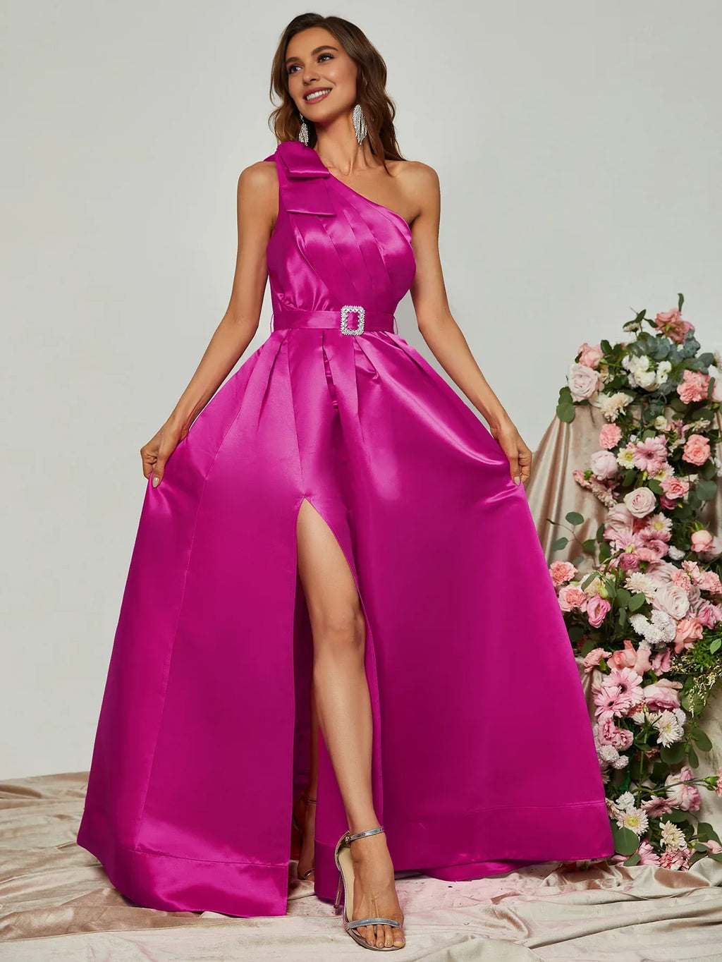 A-Line One Shoulder Sleeveless Zipper Up Floor-Length Prom Dress