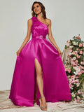 A-Line One Shoulder Sleeveless Zipper Up Floor-Length Prom Dress