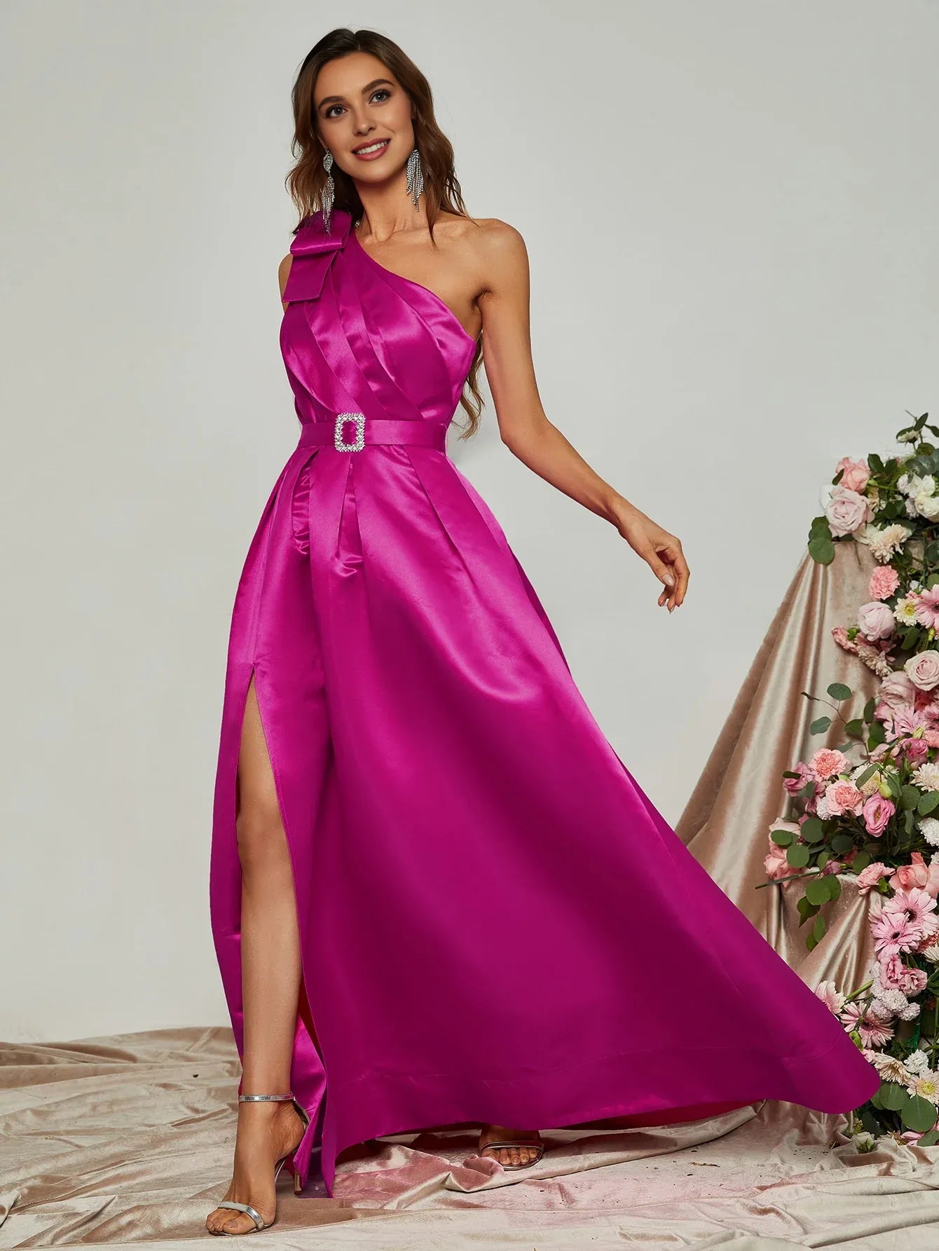 A-Line One Shoulder Sleeveless Zipper Up Floor-Length Prom Dress