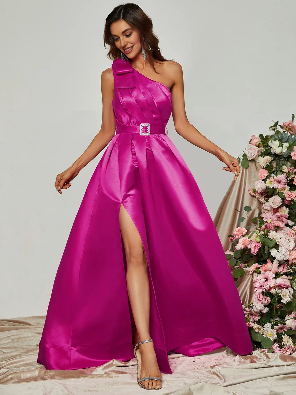 A-Line One Shoulder Sleeveless Zipper Up Floor-Length Prom Dress