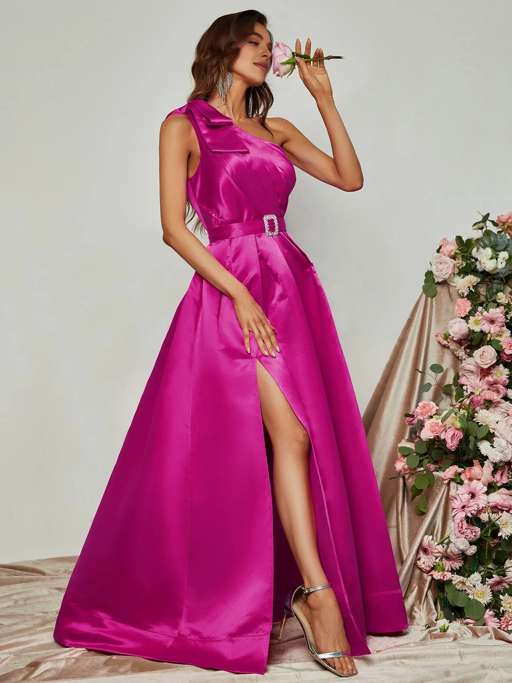A-Line One Shoulder Sleeveless Zipper Up Floor-Length Prom Dress
