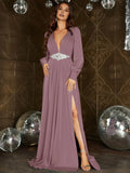 A-Line Plunging Neck Long Sleeve Zipper Up Floor-Length Prom Dress