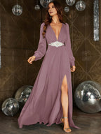 A-Line Plunging Neck Long Sleeve Zipper Up Floor-Length Prom Dress