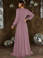 A-Line Plunging Neck Long Sleeve Zipper Up Floor-Length Prom Dress