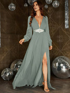 A-Line Plunging Neck Long Sleeve Zipper Up Floor-Length Prom Dress