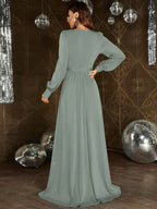 A-Line Plunging Neck Long Sleeve Zipper Up Floor-Length Prom Dress