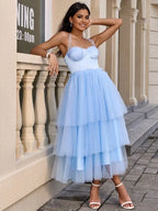 A-Line/Princess Halter Sleeveless Crossed Straps Tea-Length Homecoming Dress