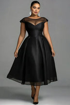 A-Line Round Neck Cap Sleeve Zipper Up Pleated Midi Length Prom Dress
