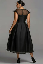 A-Line Round Neck Cap Sleeve Zipper Up Pleated Midi Length Prom Dress