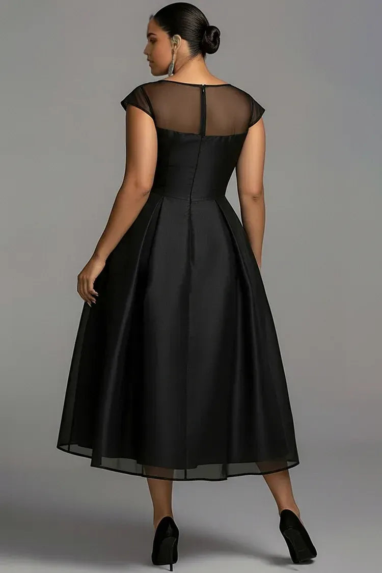 A-Line Round Neck Cap Sleeve Zipper Up Pleated Midi Length Prom Dress