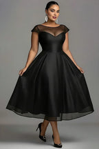 A-Line Round Neck Cap Sleeve Zipper Up Pleated Midi Length Prom Dress