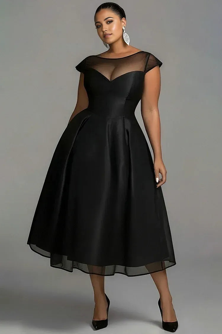 A-Line Round Neck Cap Sleeve Zipper Up Pleated Midi Length Prom Dress