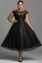 A-Line Round Neck Cap Sleeve Zipper Up Pleated Midi Length Prom Dress