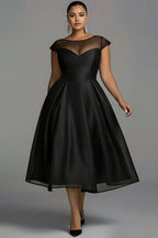 A-Line Round Neck Cap Sleeve Zipper Up Pleated Midi Length Prom Dress