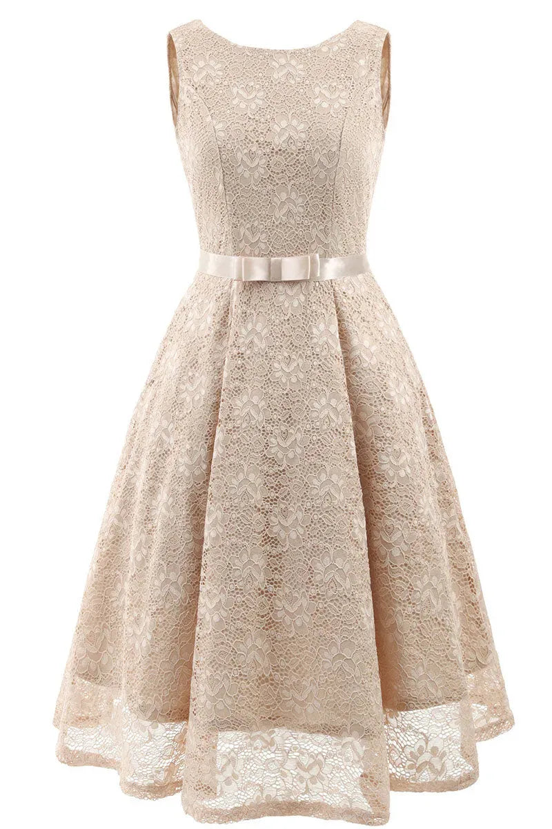 Champagne Lace Homecoming Dress With Satin Bow Belt For Homecoming Shoppers Elegant A Line Round Neck Short