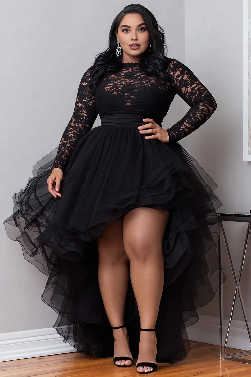 A-Line Round Neck Long Sleeve Ruffle High Low Hem Plus Size Prom Dress