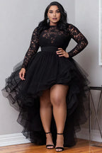 A-Line Round Neck Long Sleeve Ruffle High Low Hem Plus Size Prom Dress