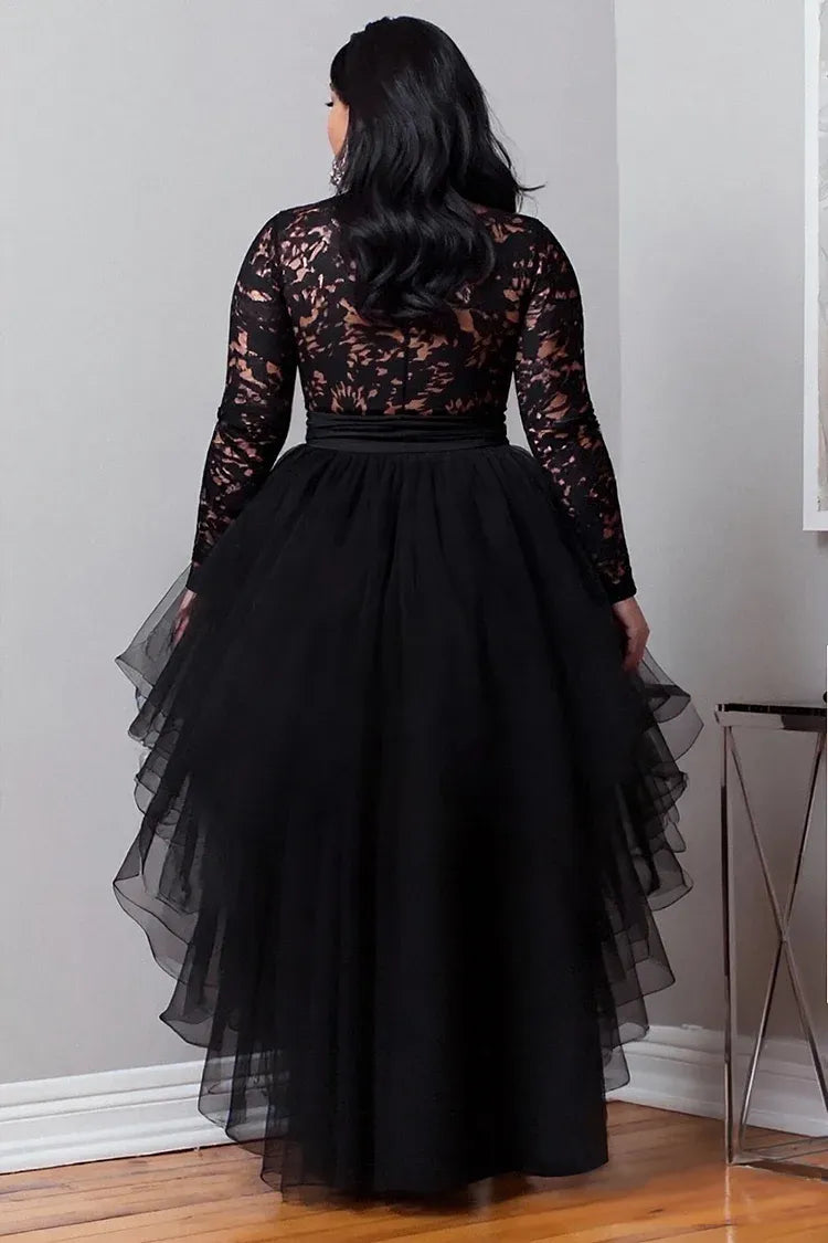 A-Line Round Neck Long Sleeve Ruffle High Low Hem Plus Size Prom Dress