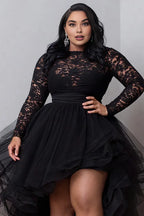 A-Line Round Neck Long Sleeve Ruffle High Low Hem Plus Size Prom Dress