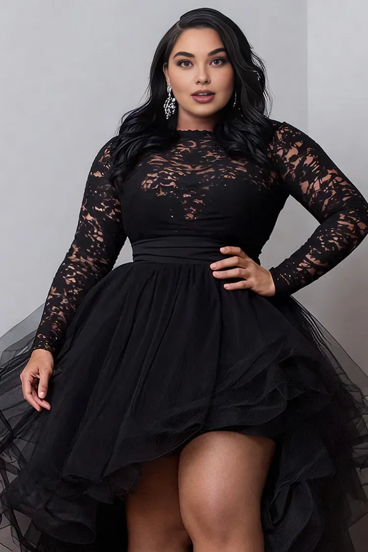 A-Line Round Neck Long Sleeve Ruffle High Low Hem Plus Size Prom Dress