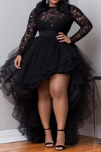 A-Line Round Neck Long Sleeve Ruffle High Low Hem Plus Size Prom Dress