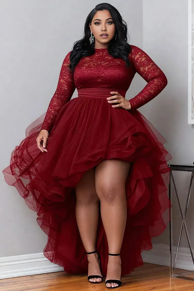 A-Line Round Neck Long Sleeve Ruffle High Low Hem Plus Size Prom Dress