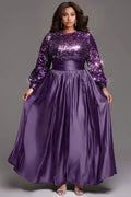 A-Line Round Neck Long Sleeve Sequins Floor Length Plus Size Prom Dress