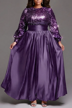 A-Line Round Neck Long Sleeve Sequins Floor Length Plus Size Prom Dress