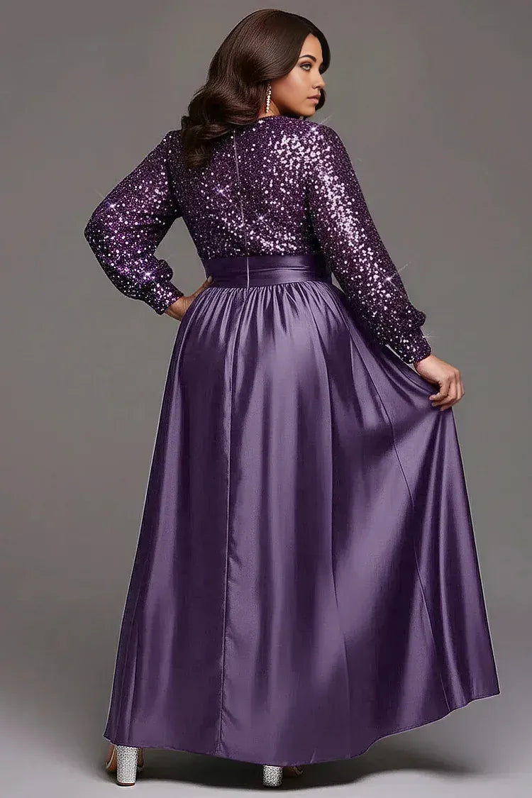A-Line Round Neck Long Sleeve Sequins Floor Length Plus Size Prom Dress