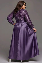 A-Line Round Neck Long Sleeve Sequins Floor Length Plus Size Prom Dress