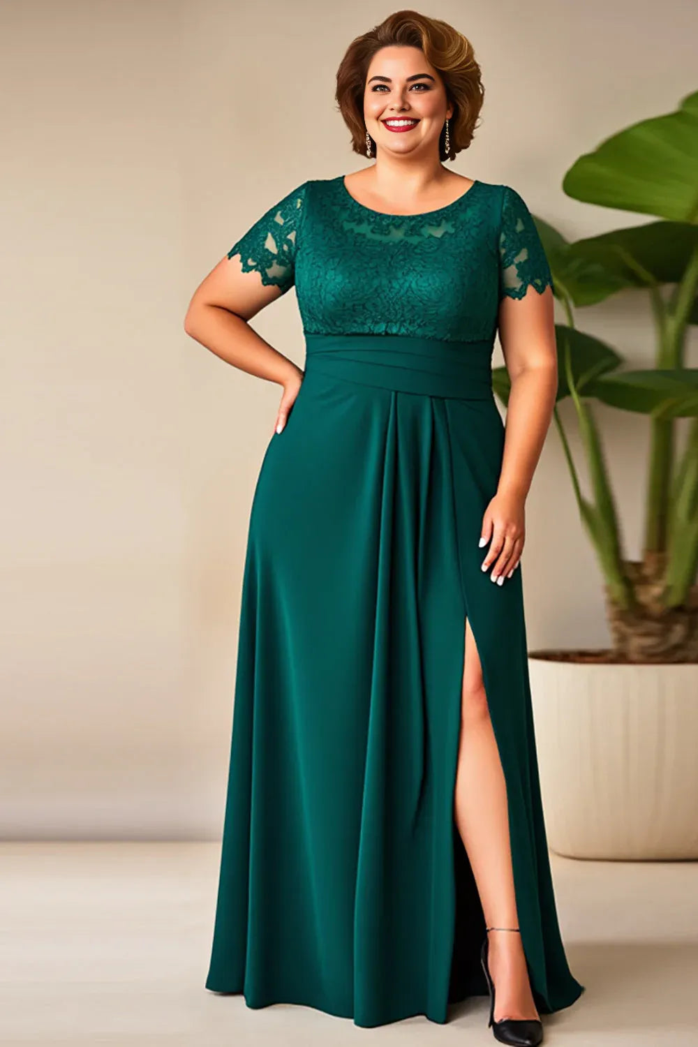 A-Line Round Neck Short Sleeves Zipper Up Floor-Length Plus Size Mother of the Bride Dress