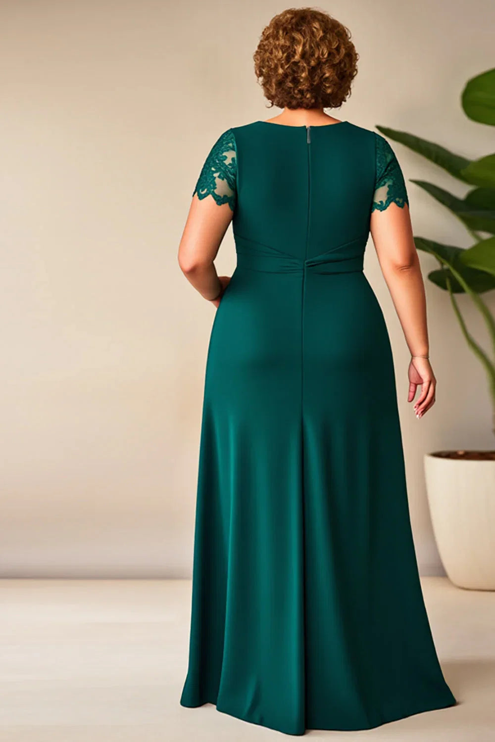 A-Line Round Neck Short Sleeves Zipper Up Floor-Length Plus Size Mother of the Bride Dress