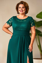 A-Line Round Neck Short Sleeves Zipper Up Floor-Length Plus Size Mother of the Bride Dress