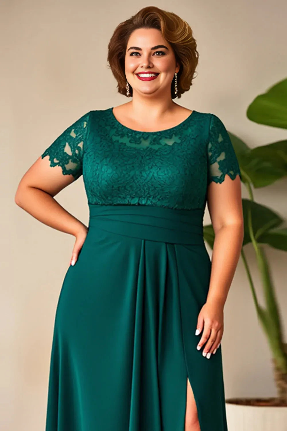 A-Line Round Neck Short Sleeves Zipper Up Floor-Length Plus Size Mother of the Bride Dress