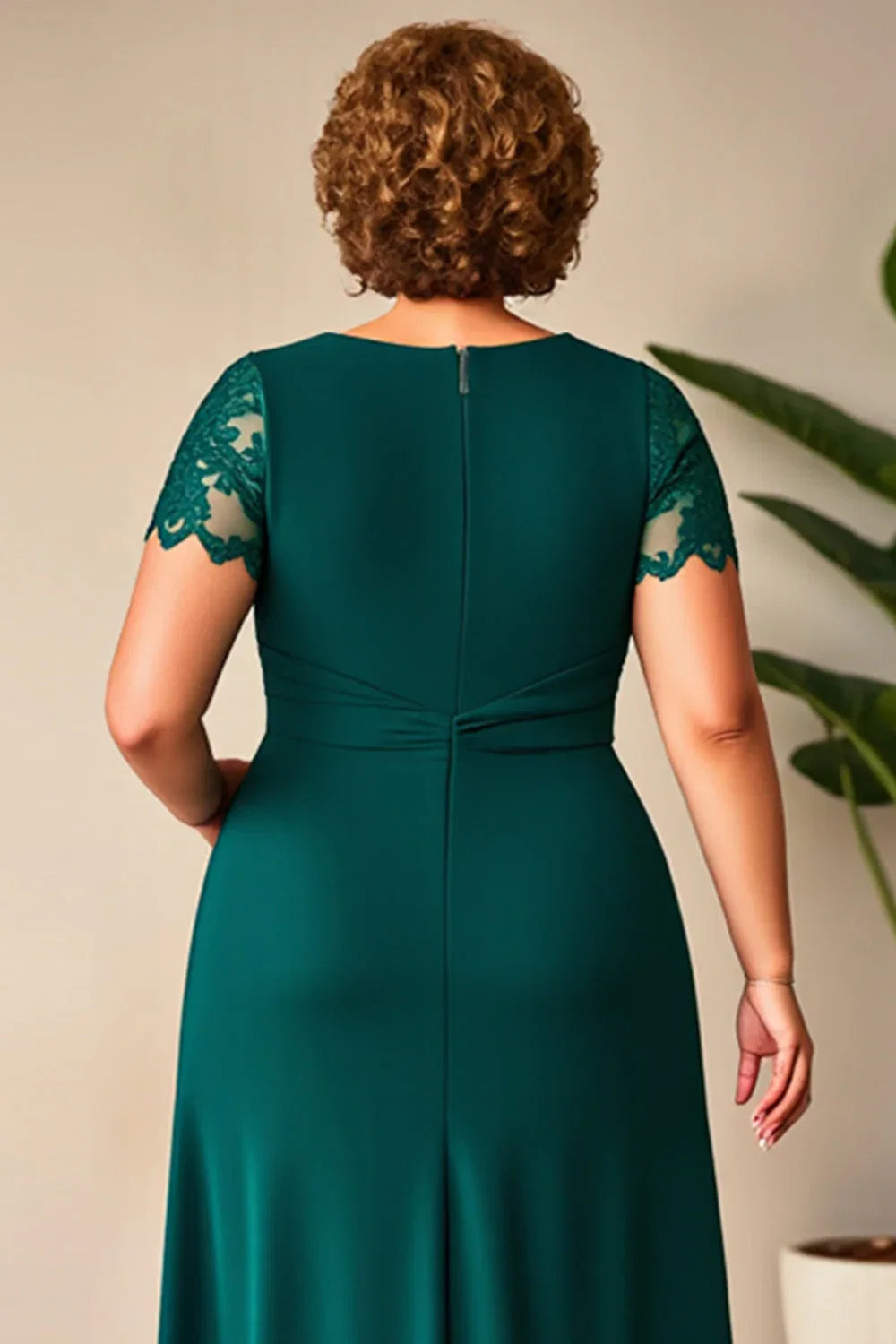A-Line Round Neck Short Sleeves Zipper Up Floor-Length Plus Size Mother of the Bride Dress