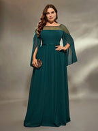 A-Line Round Neck Split Sleeve Keyhole Floor-Length Plus Size Prom Dress