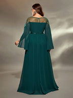 A-Line Round Neck Split Sleeve Keyhole Floor-Length Plus Size Prom Dress