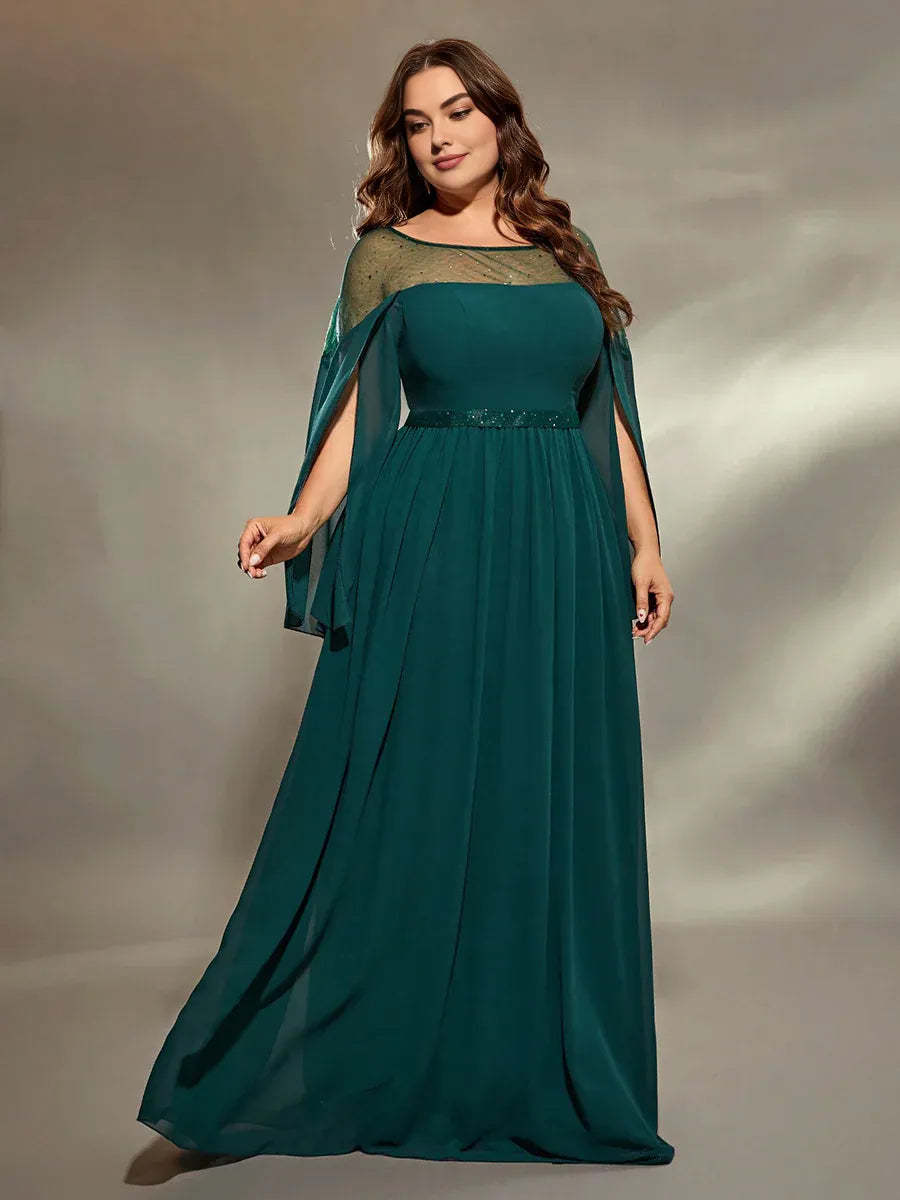 A-Line Round Neck Split Sleeve Keyhole Floor-Length Plus Size Prom Dress
