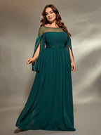 A-Line Round Neck Split Sleeve Keyhole Floor-Length Plus Size Prom Dress