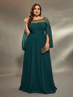A-Line Round Neck Split Sleeve Keyhole Floor-Length Plus Size Prom Dress