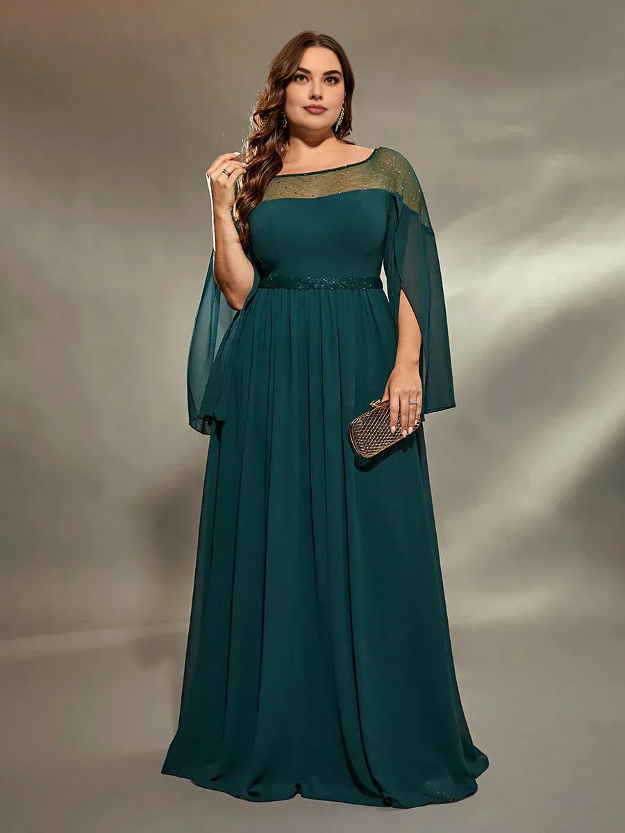 A-Line Round Neck Split Sleeve Keyhole Floor-Length Plus Size Prom Dress